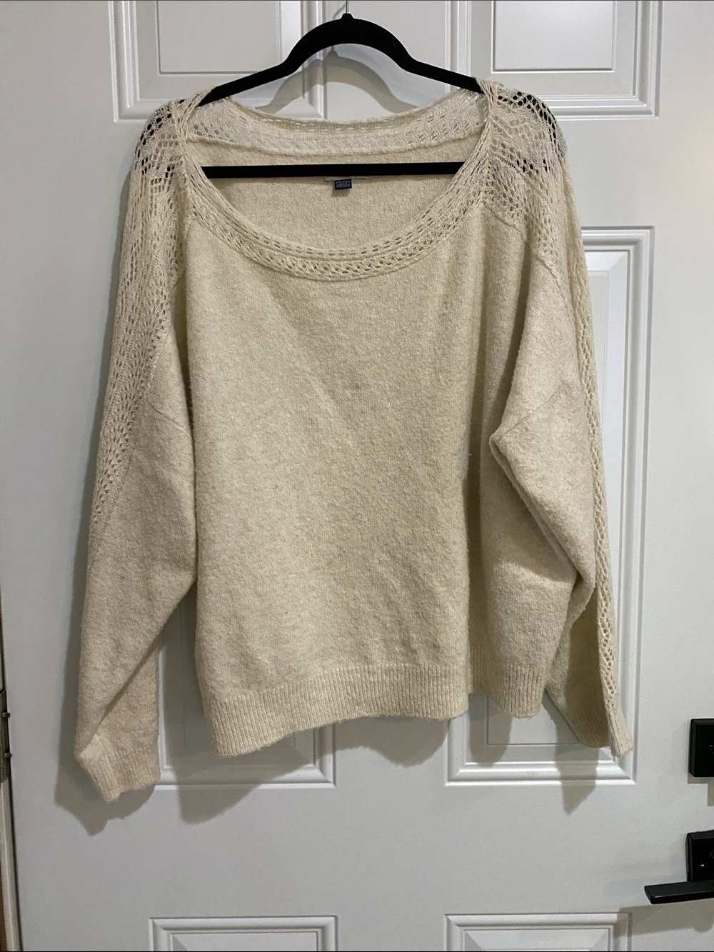 American Eagle Outfitters Cream Scoop Neck Open-Knit Shoulder Sweater